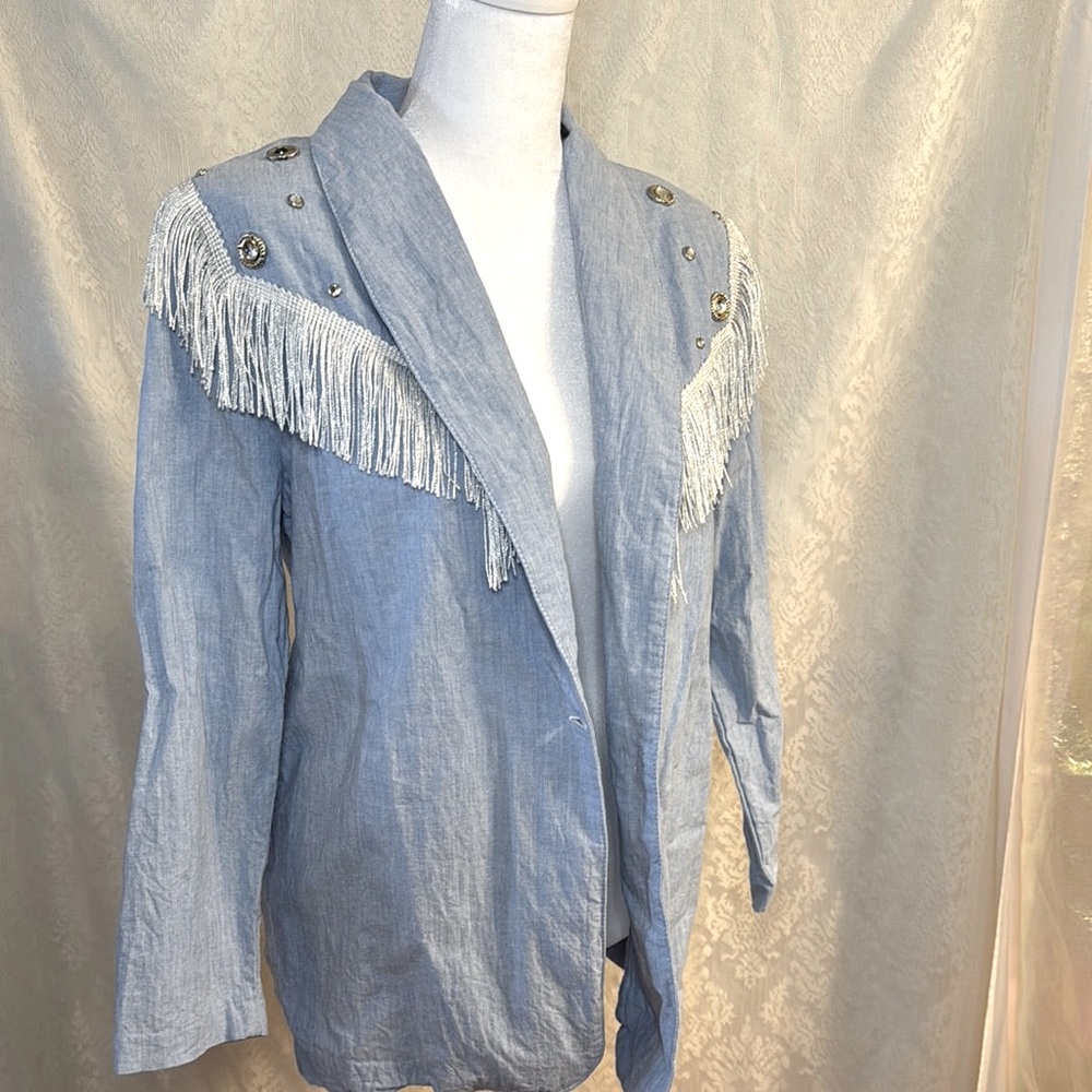 Vintage 70s Coastal Cowgirl Western Fringe Denim-Looking Shirt Size Small